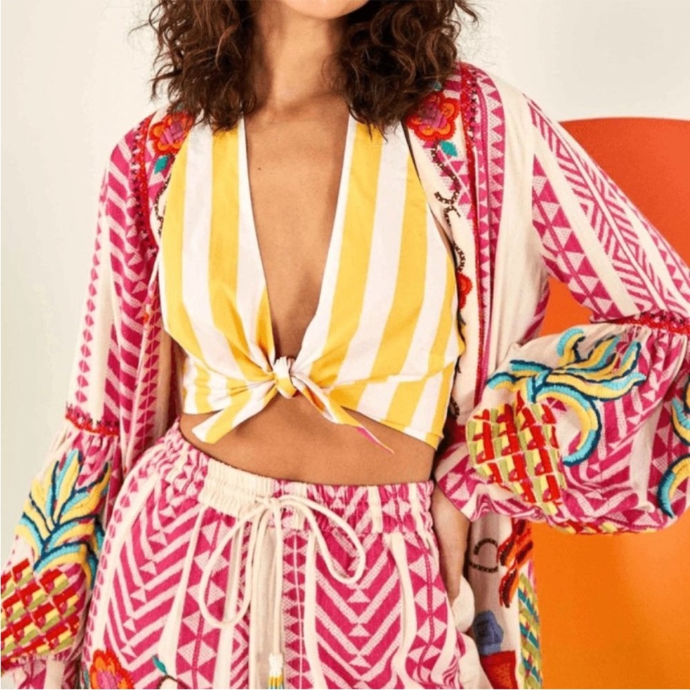 Farm Rio Yellow Stripes Organic Cotton Reversible Crop Halter Top NWT XL